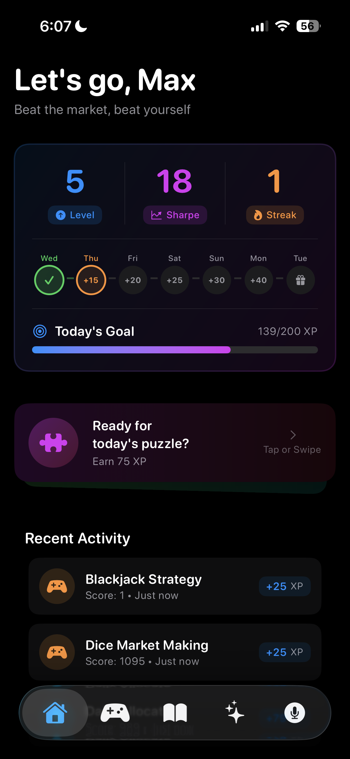 Sharpe app home screen